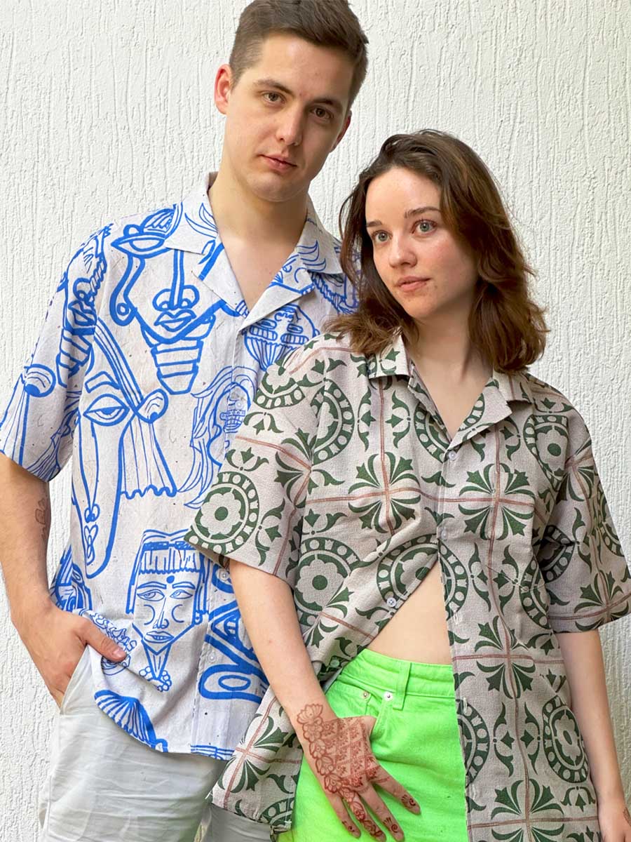 Blue-Beige Illustration Shirt