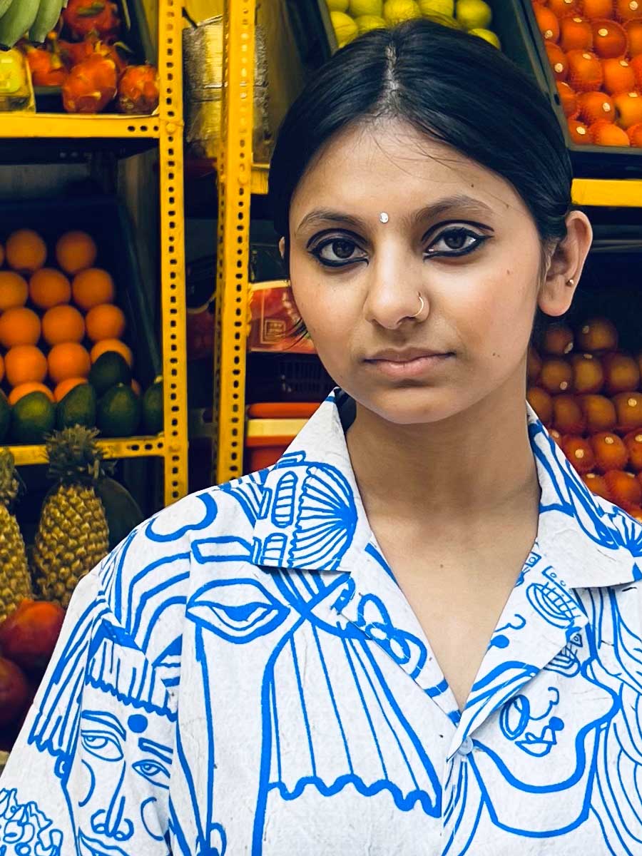 Blue-Beige Illustration Shirt