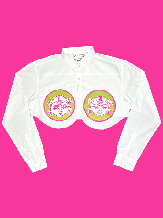 1of1 Hand Painted Pink Green Cropped Shirt