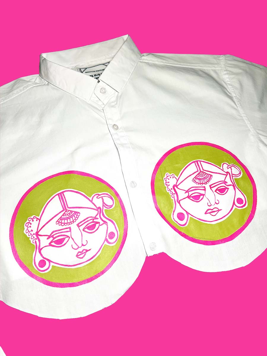 1of1 Hand Painted Pink Green Cropped Shirt