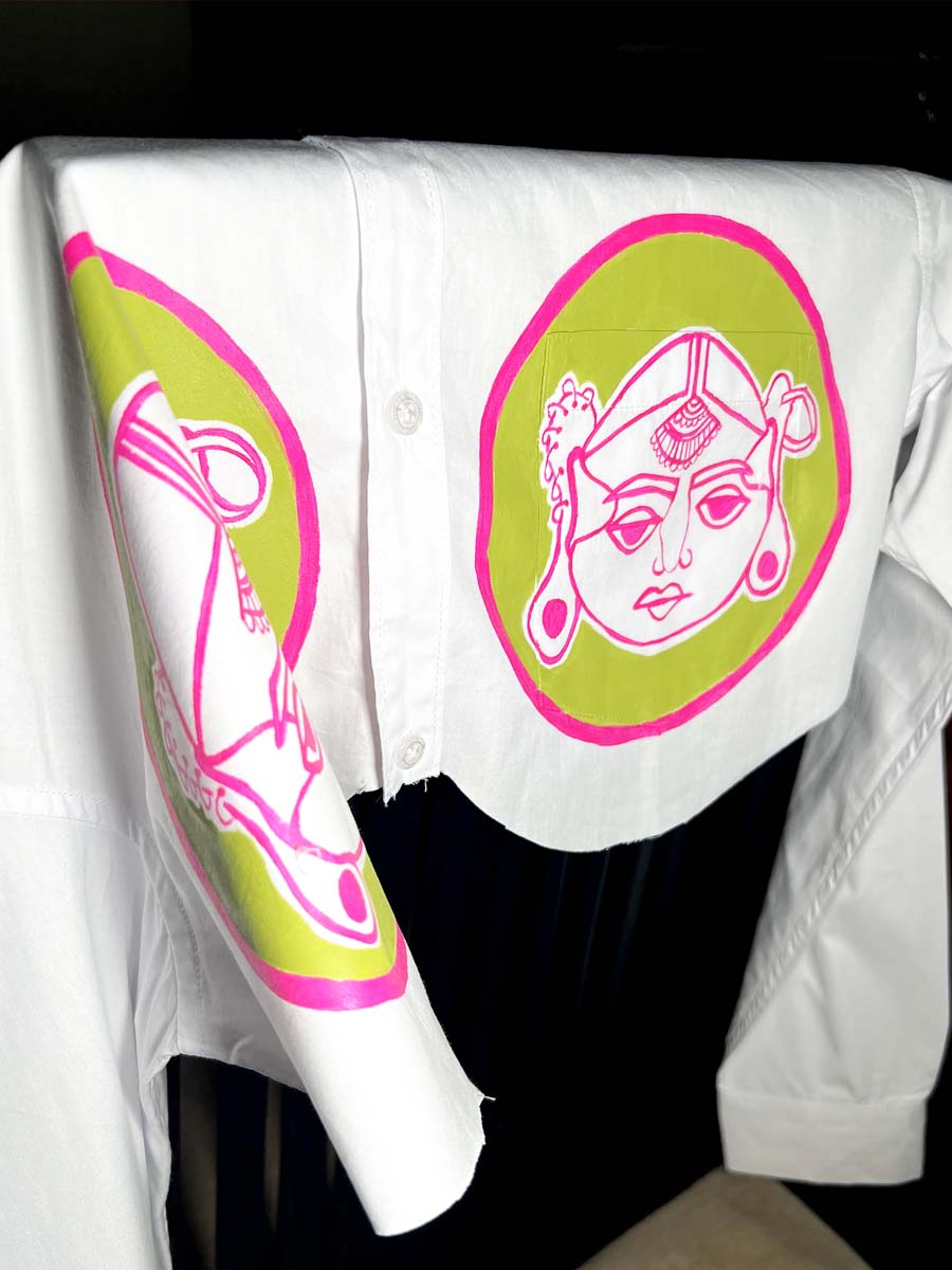 1of1 Hand Painted Pink Green Cropped Shirt